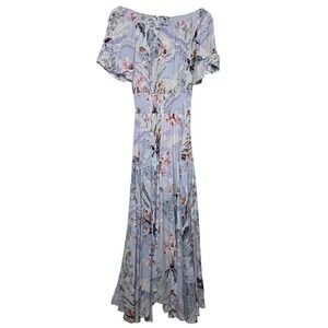 Jaase Tropical Floral Off Shoulder Smocked Maxi Dress Purple Blue XS